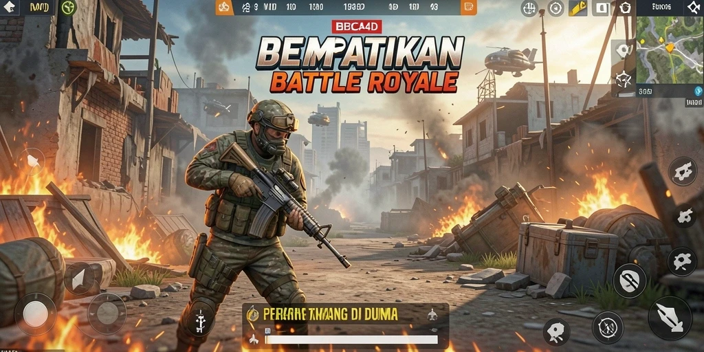 Screenshot gameplay BBCA4D menampilkan aksi intens di arena Battle Royale.