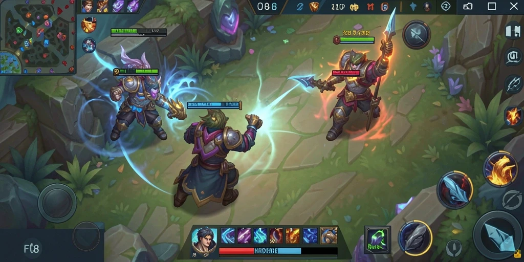 Screenshot menunjukkan aksi seru dalam pertempuran MOBA F08.