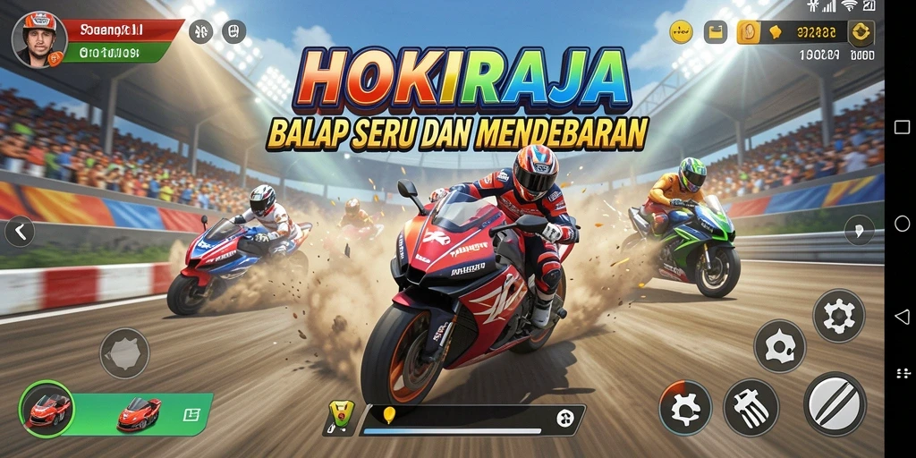 Screenshot HOKIRAJA menampilkan aksi balapan yang mendebarkan.