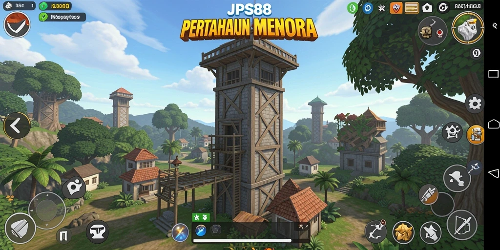 Tampilan gameplay mendebarkan di JPS88 dengan menara di lapangan.