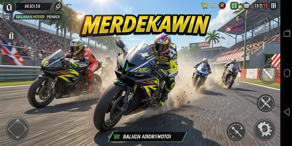 Screenshot utama MENDEKAWIN menampilkan aksi balapan motor yang mendebarkan.